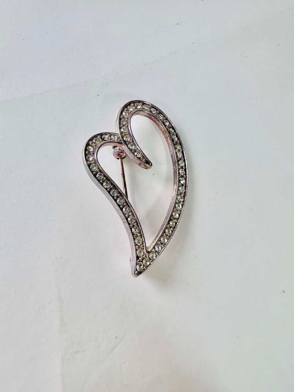 Crystal-Embellished Silver Heart Brooch